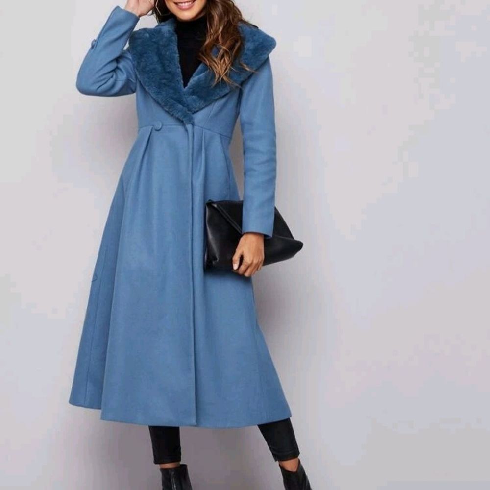 Blue fur long double button trench coat.